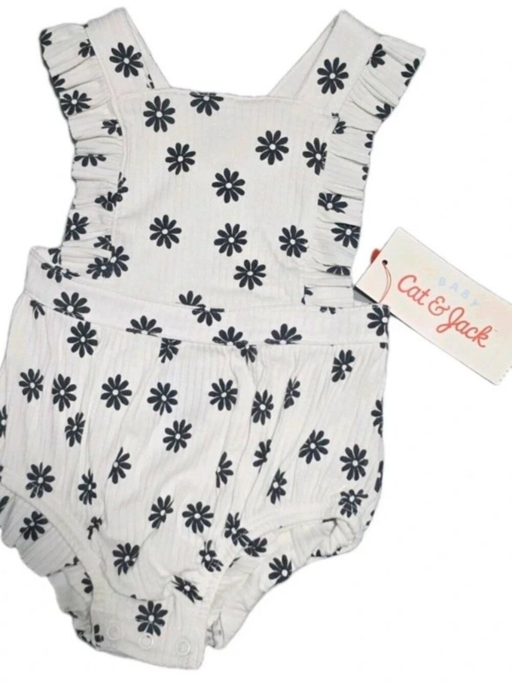 Cat & Jack Girls 0-3M Off-White/Black Floral Ruffle Snap Romper, Sleeveless